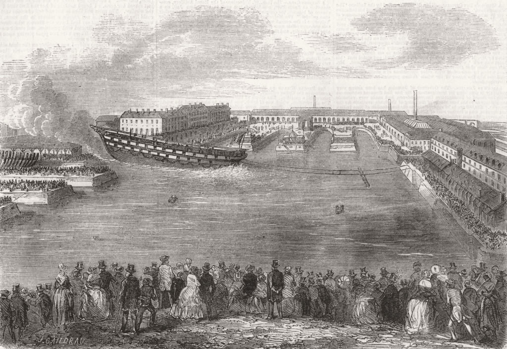 FRANCE. Launch. Ville De Nantes, Cherbourg 1858 old antique print picture